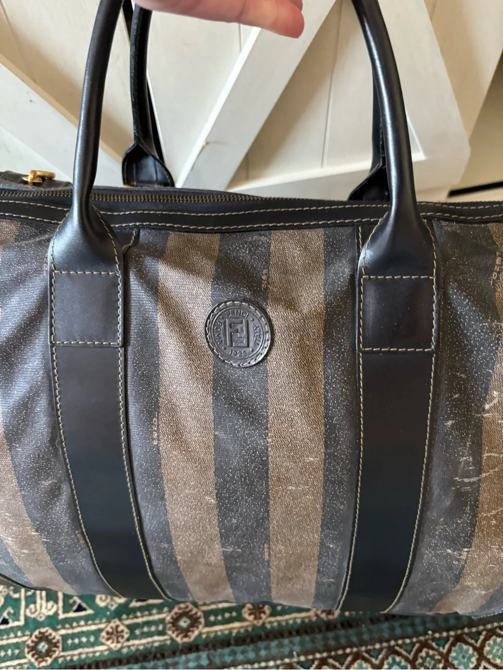 Fendi Striped Pequin Canvas /w Black Leather Duffel Bag